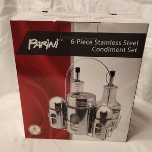 Parini 6-Piece Stainless Steel Condiment Set & Caddy Salt Pepper Oil Vinegar NIB